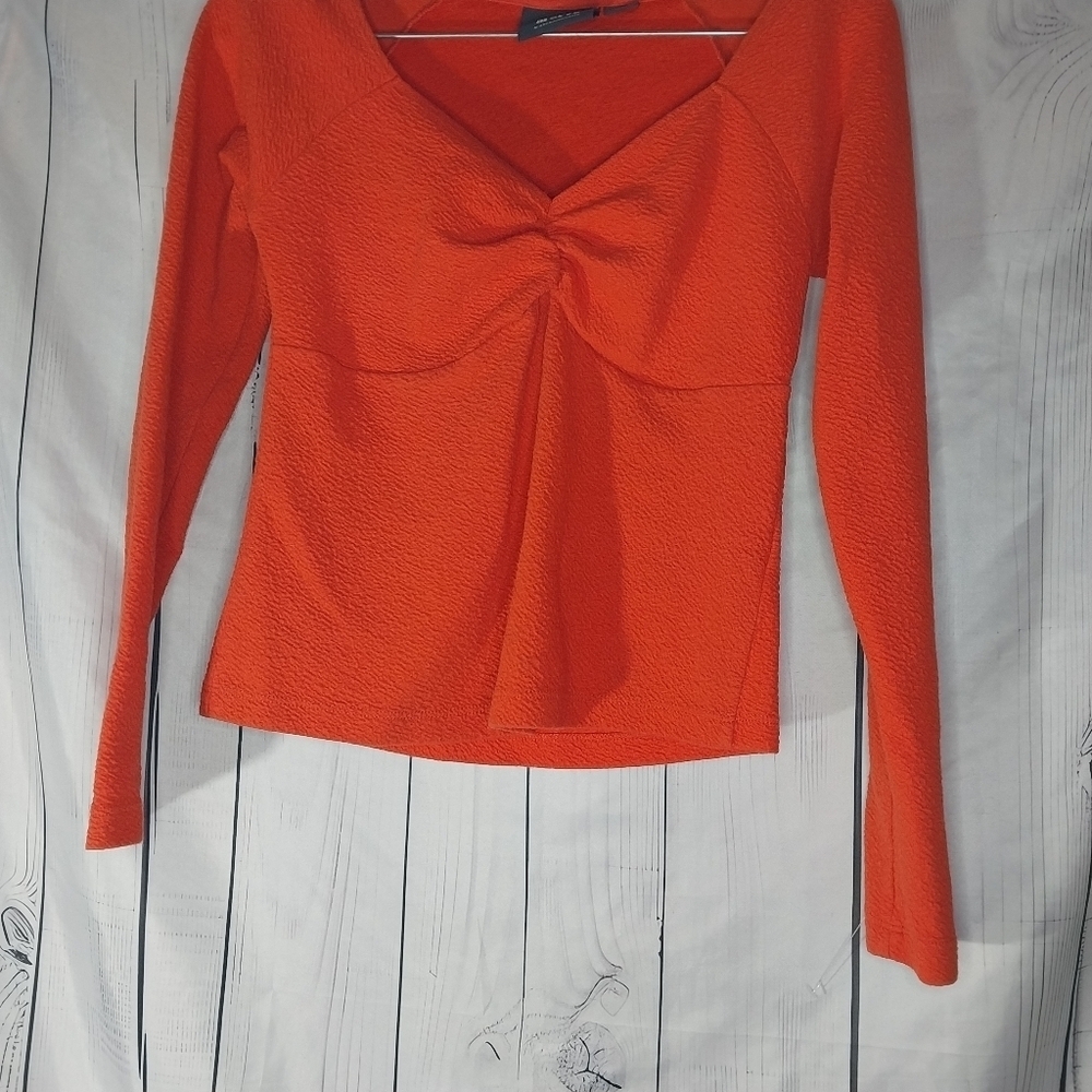 Maeve Anthropologie Sweetheart Neck Textured Orange Long Sleeve Women's Top - Picture 2 of 10